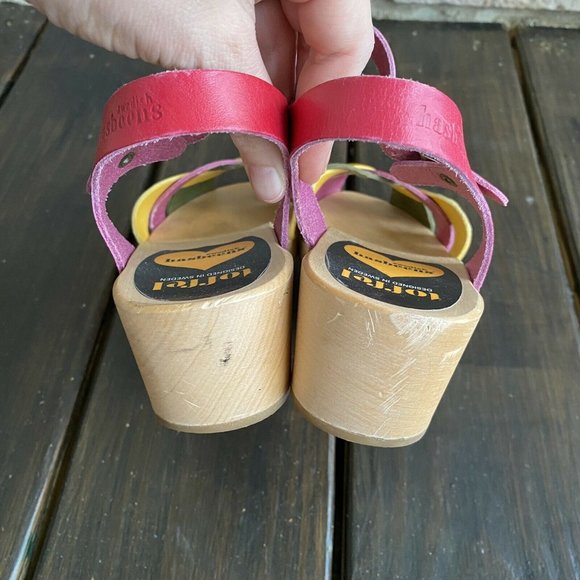Swedish Hasbeens Toffel Multi Leather Wooden Heel Clog Sandals Size EU 39 US 8.5 - Picture 9 of 12